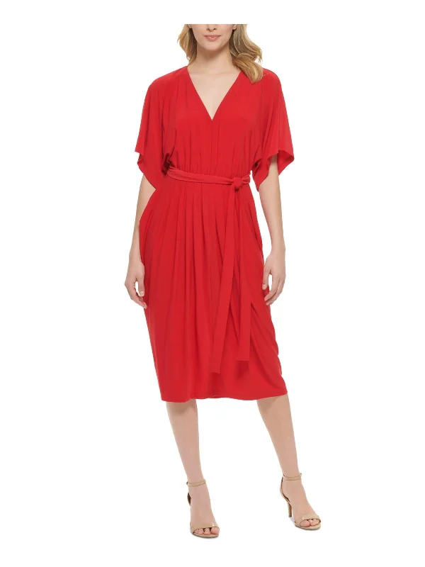 ladies-midi-dress-flared-flutter-Womens V-Neck Calf Midi Dress