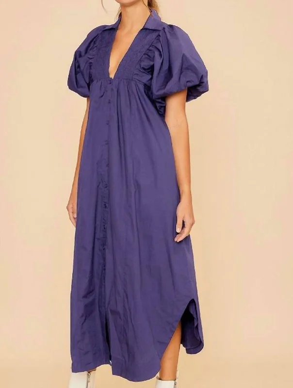 ladies-midi-dress-smocked-sweep-Smock Detail V Neck Puff Sleeve Midi Dress In Periwinkle