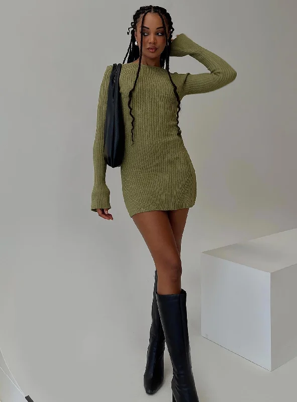 ladies-mini-dress-forest-fling-Osment Long Sleeve Knit Mini Dress Olive