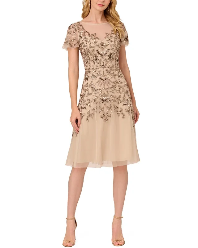 ladies-midi-dress-slit-sweep-Adrianna Papell Flutter Sleeve Bead Metallic Lace Midi Dress