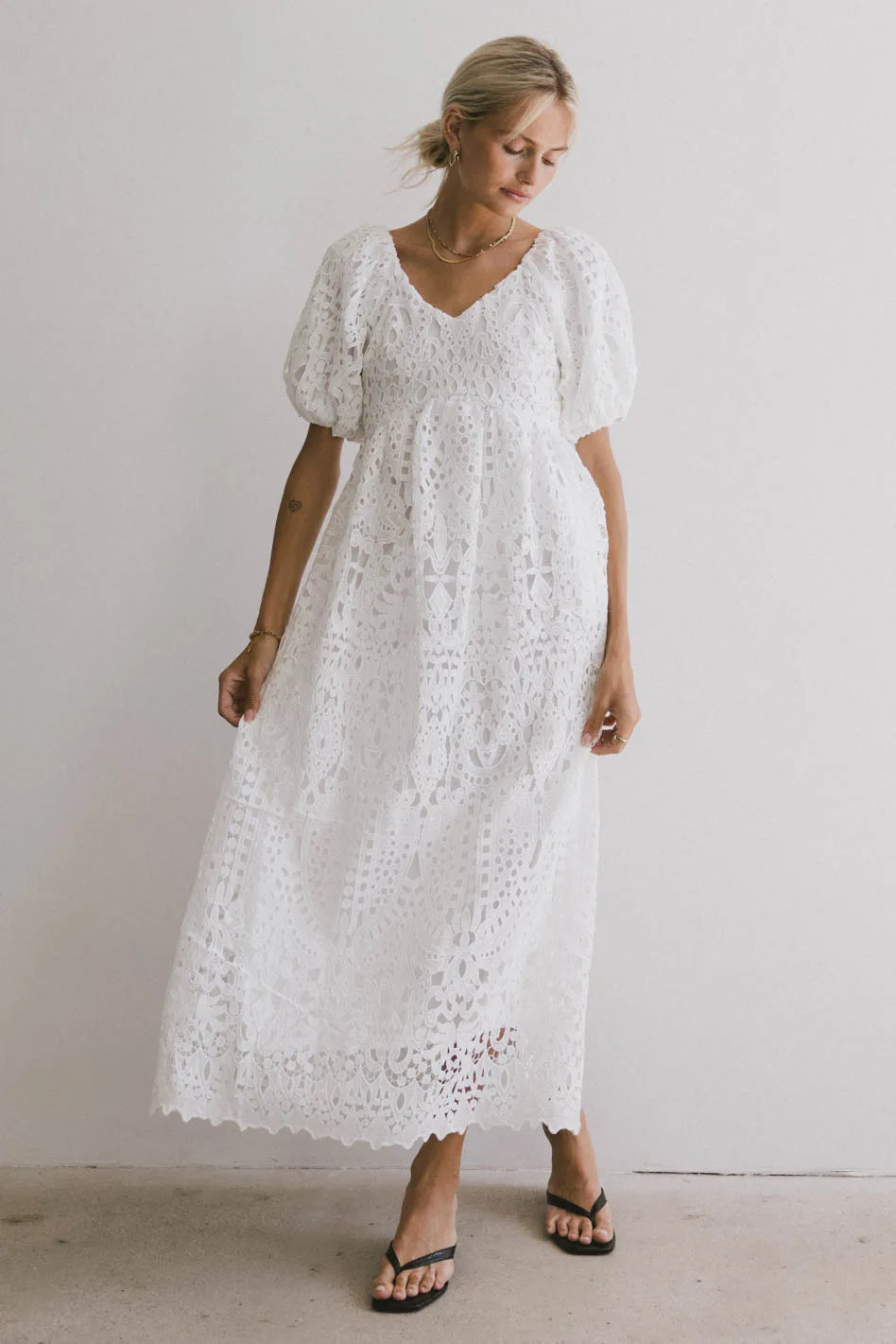 Women's maxi dress thread sweep -Devon Eyelet Lace Maxi Dress in Ivory