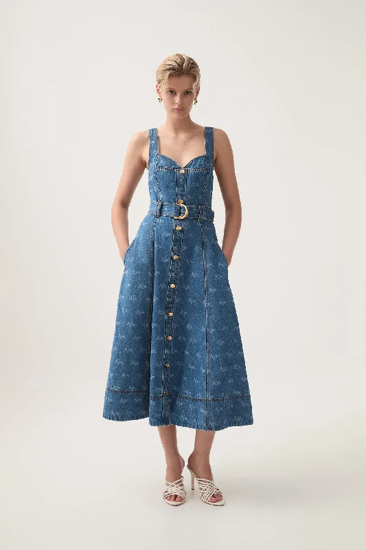 ladies-midi-dress-embroidered-elegance-Ratio Logo Denim Midi Dress