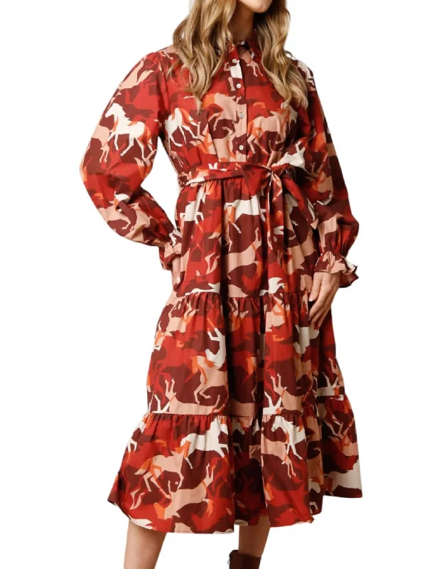 ladies-shirt-dress-plum-deep-Poplin Maxi Shirt Dress In Horse Print