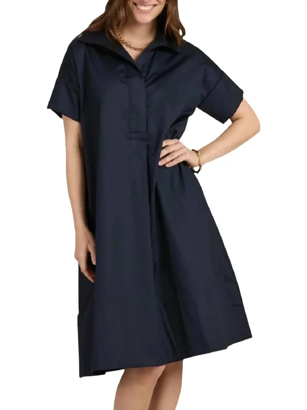 ladies-shirt-dress-one-shoulder-Addie Midi Shirt Dress In Navy