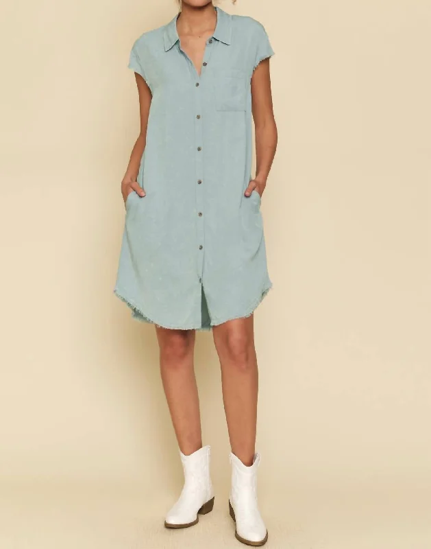 ladies-shirt-dress-satin-finish-Frayed Edge Tencel Shirt Dress In Light Blue