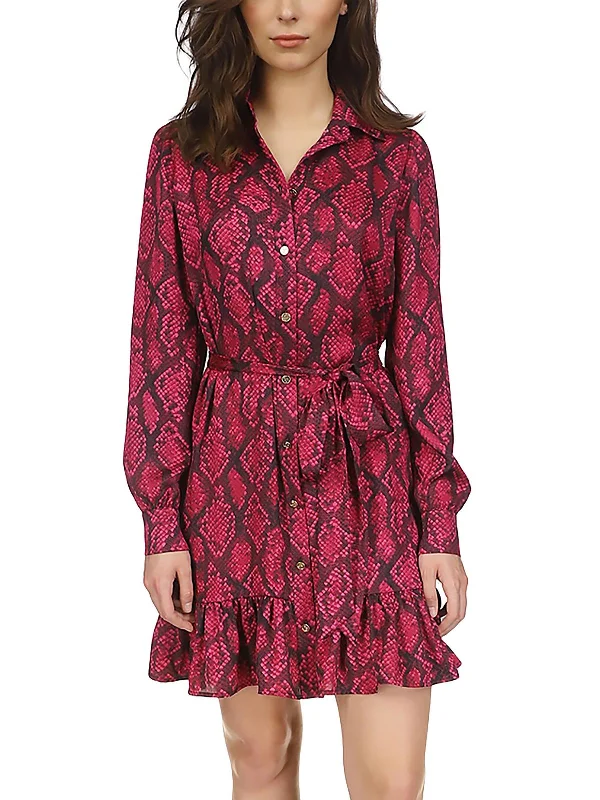 ladies-shirt-dress-cinched-waist-Womens Snake Print Tie Waist Shirtdress