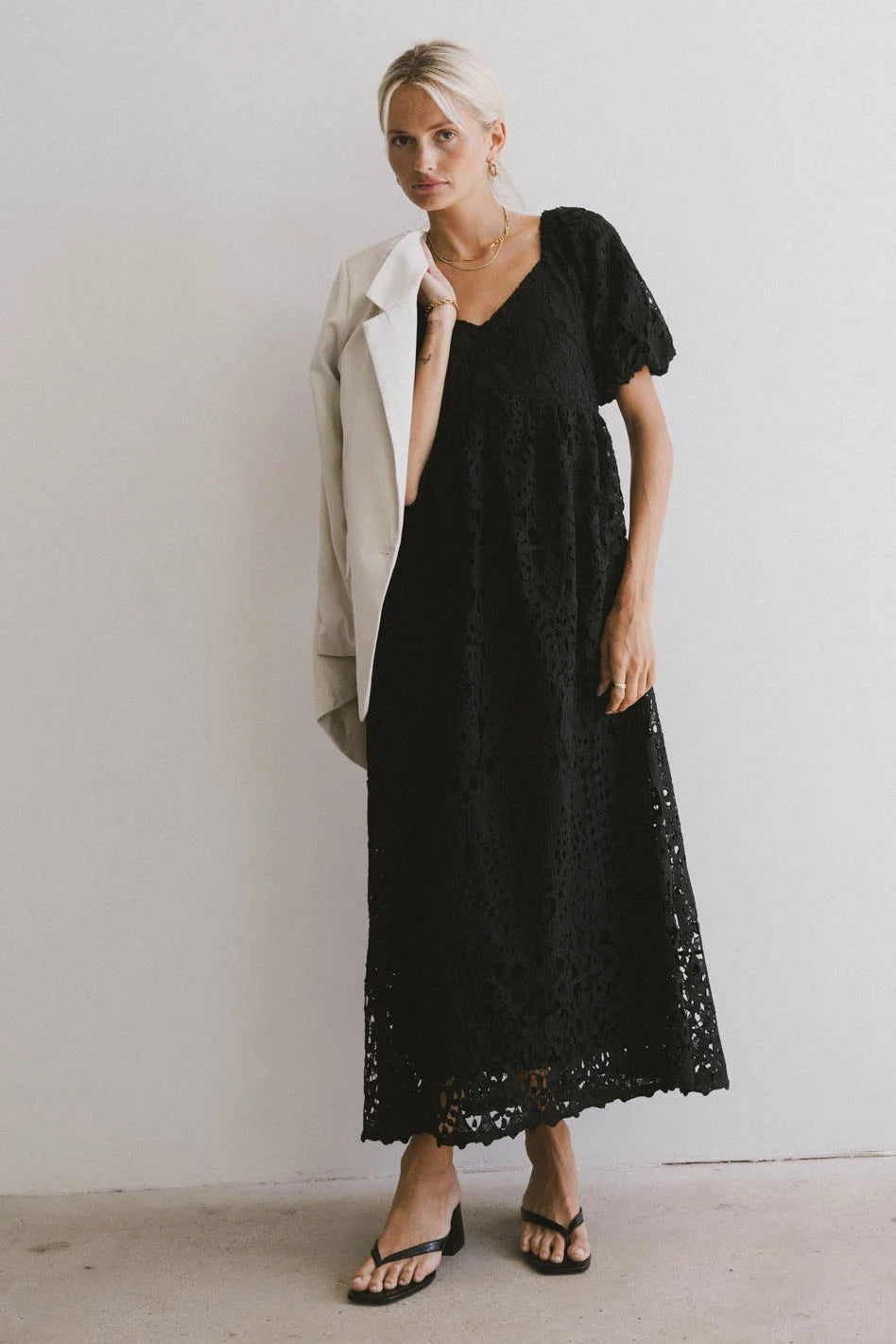 Women's maxi dress plush flow -Devon Eyelet Lace Maxi Dress in Black - FINAL SALE