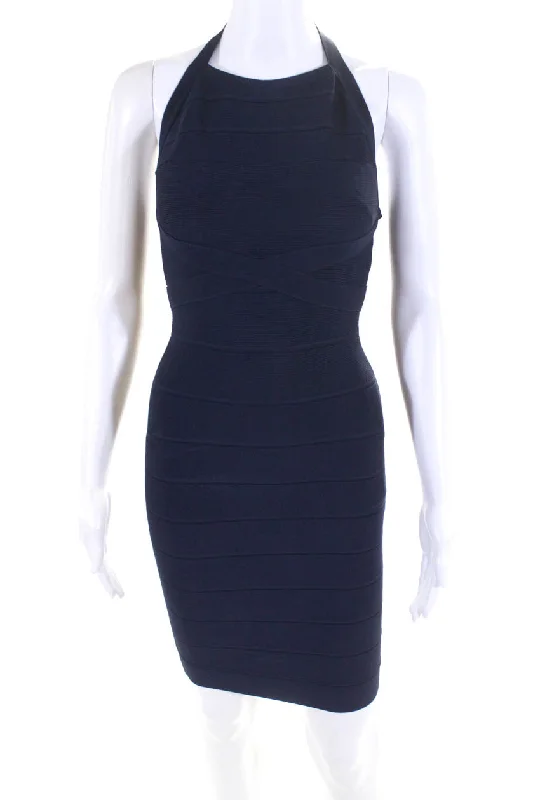 Women's bodycon dress night out -Herve Leger Women's Open Back Sleeveless Bodycon Mini Dress Navy