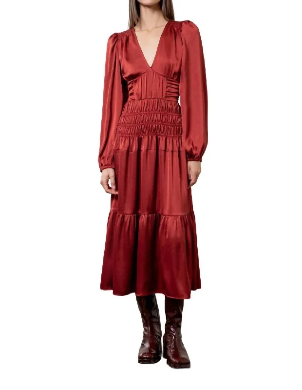 ladies-midi-dress-lightweight-luxe-Merlot Satin Smocked Midi Dress In Red