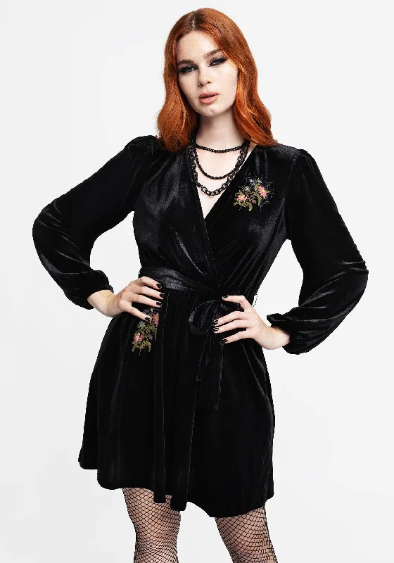 ladies-mini-dress-brunch-blast-Cleome Floral Spiderweb Embroidered Velour Faux Wrap Mini Dress