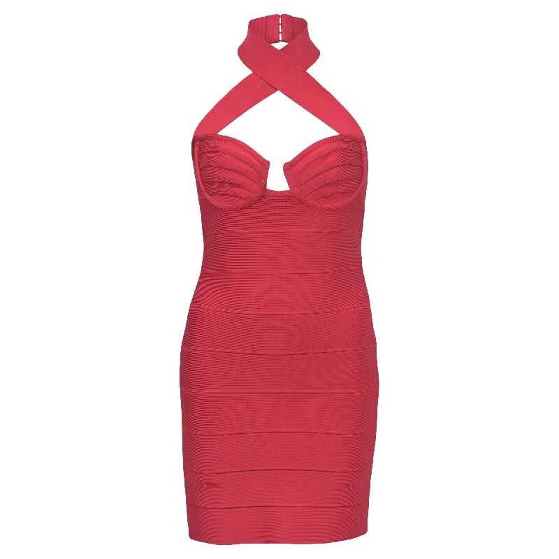 Women's bodycon dress organic -Herve Leger Halter Neck Bodycon Dress in Red Polyester