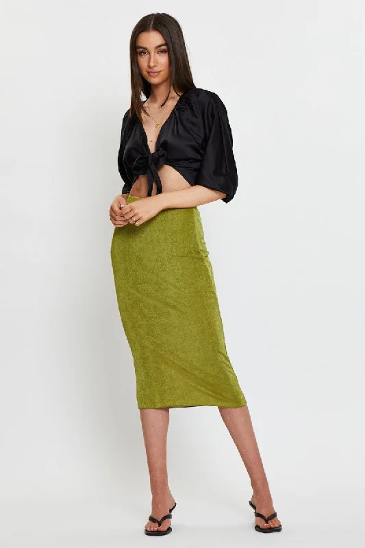 Women's bodycon dress button down -Green Midi Skirt Bodycon