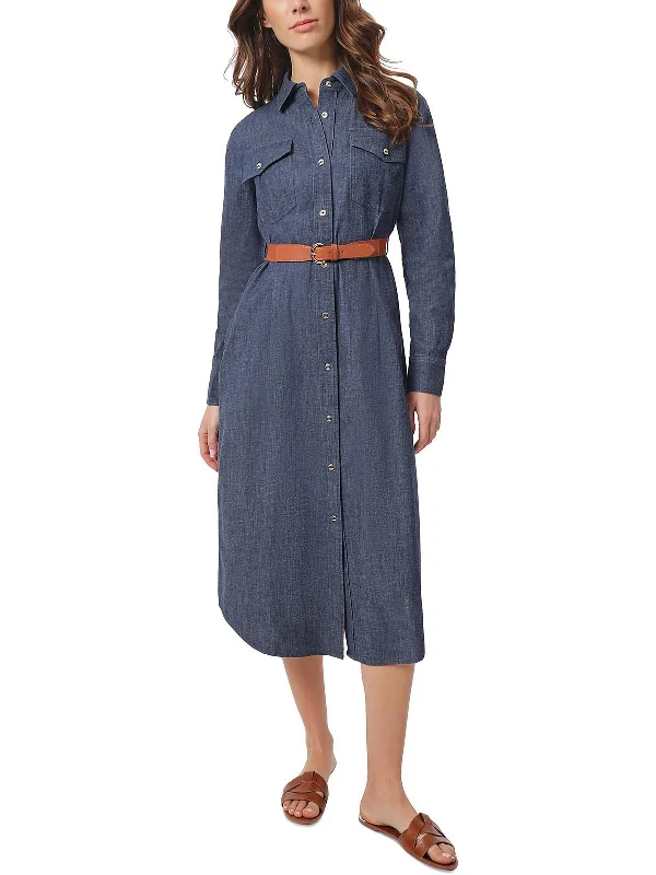 ladies-shirt-dress-brunch-ready-Petites Womens Collar Belted Shirtdress