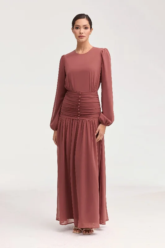 Women's maxi dress peek sweep -Randa Rouched Maxi Dress - Toasted Pecan