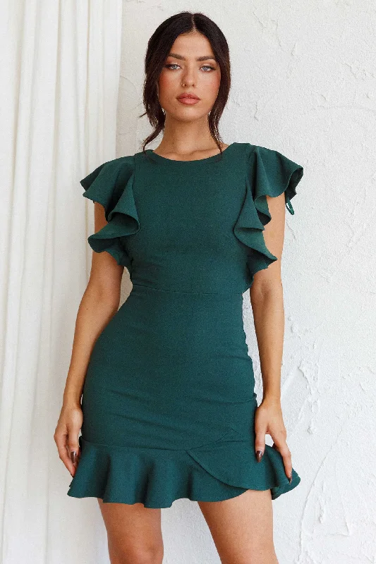 Women's bodycon dress knit -Cupid's Bow Ruffle Shoulder Bodycon Dress Forest Green