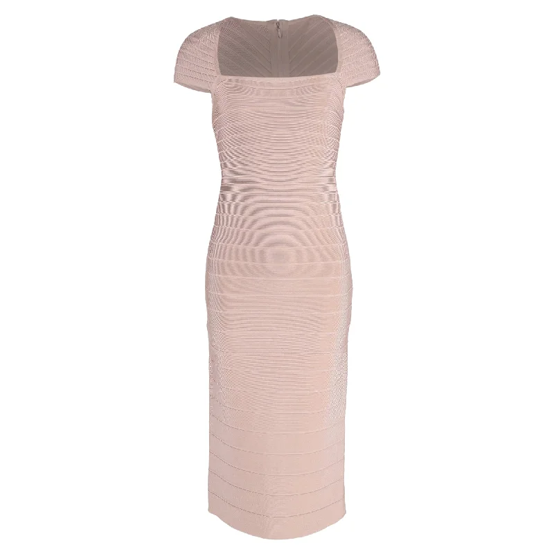 Women's bodycon dress event -Herve Leger Cap Sleeve Square Neck Bodycon Midi Dress in Pink Rayon