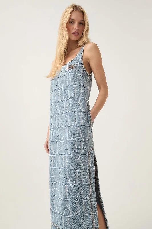 ladies-midi-dress-smocked-sweep-Nostalgia Denim Midi Dress