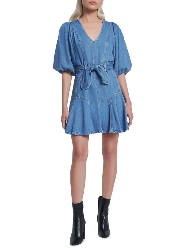 ladies-mini-dress-cinnamon-cool-Womens Denim Puff Sleeve Mini Dress