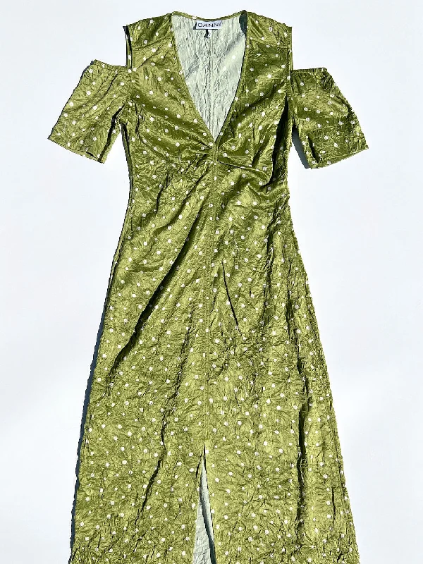 Women's maxi dress task ripple -Crinkled Satin Maxi Dress - Going Green