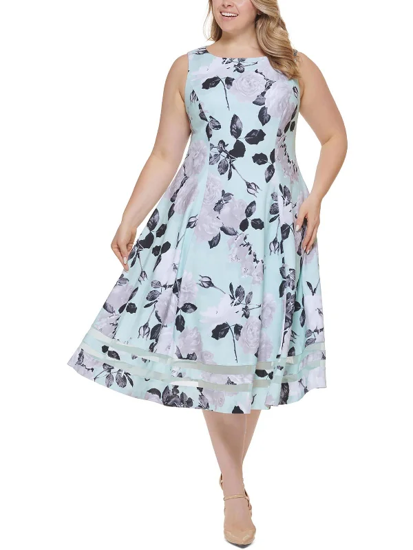 ladies-midi-dress-seasonal-sway-Plus Womens Floral Print Calf Midi Dress