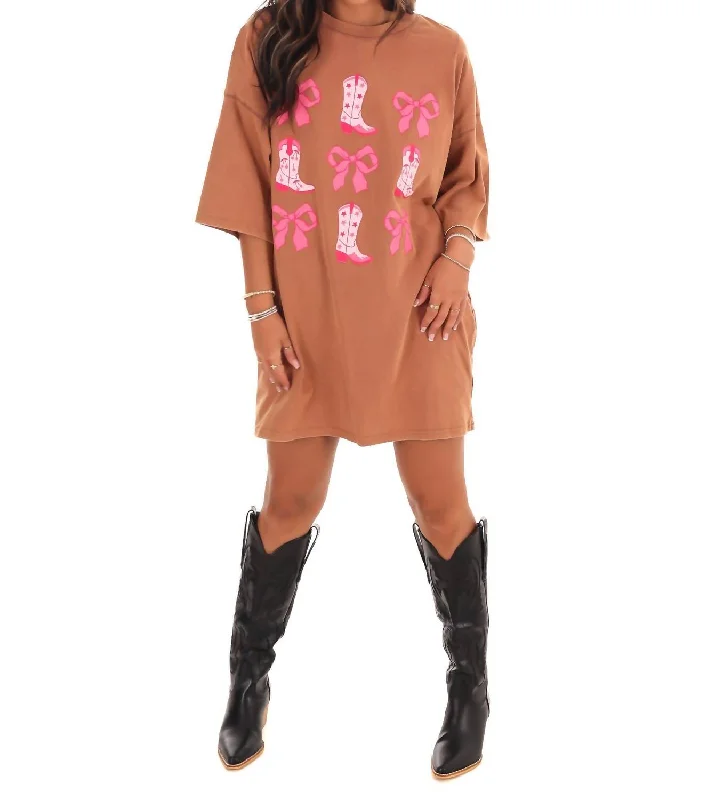 ladies-shirt-dress-plunge-neck-Washed Ribbon & Western Boots T-Shirt Dress In Brown