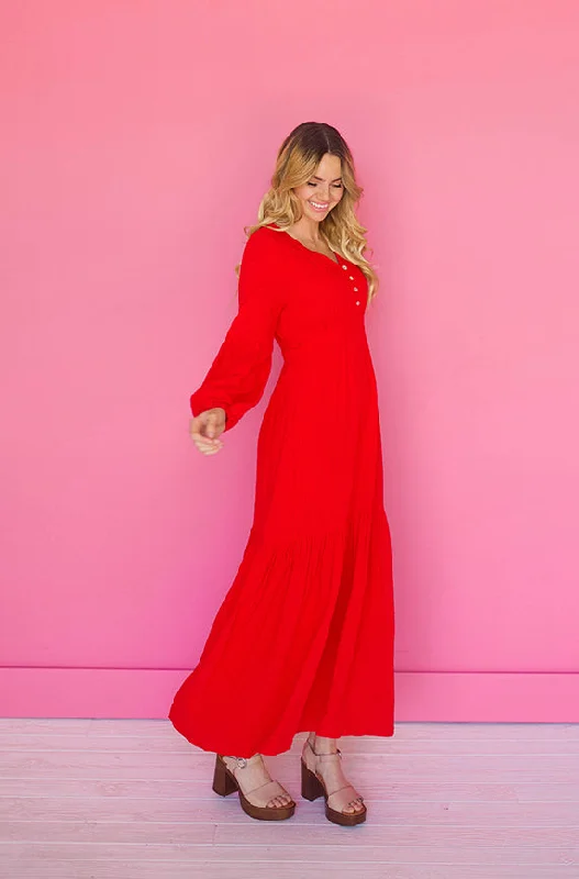 Women's maxi dress ride flow -Abbie Red Waffle Maxi Dress - DM Exclusive - FINAL SALE