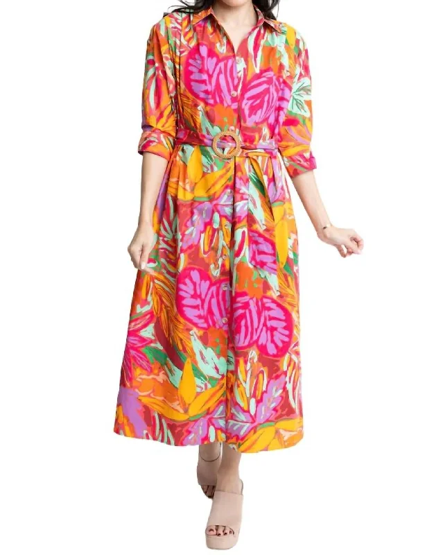 ladies-shirt-dress-olive-cool-Abstract Tropical Palm Shirt Dress In Fuschia