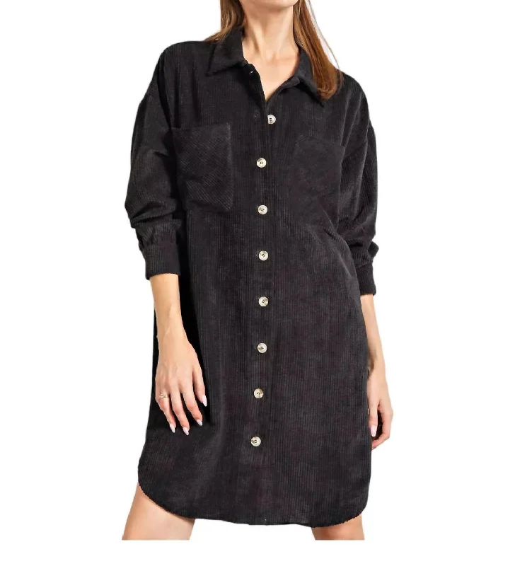 ladies-shirt-dress-amber-warmth-Corduroy Button Up Shirt Dress In Black