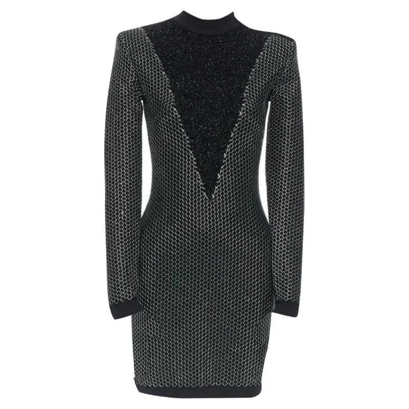 Women's bodycon dress plus size -Balmain silver thread fluffy military button bodycon dress