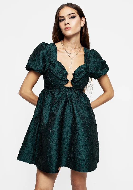 ladies-mini-dress-modern-might-Tiffany Jacquard Puff Sleeve Mini Dress - Green