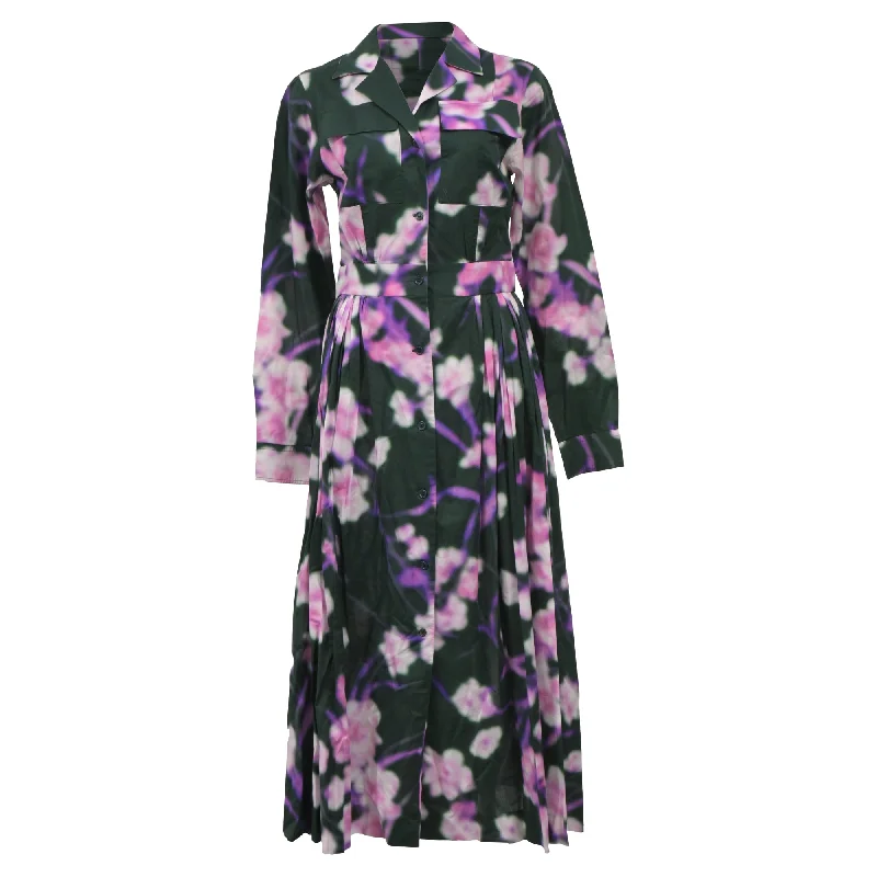 ladies-shirt-dress-eggplant-dark-Dries Van Noten Blurry Floral Print Midi Shirt Dress in Multicolor Cotton