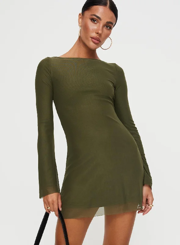 ladies-mini-dress-bell-sleeve-buzz-Lukea Long Sleeve Mini Dress Olive Mesh