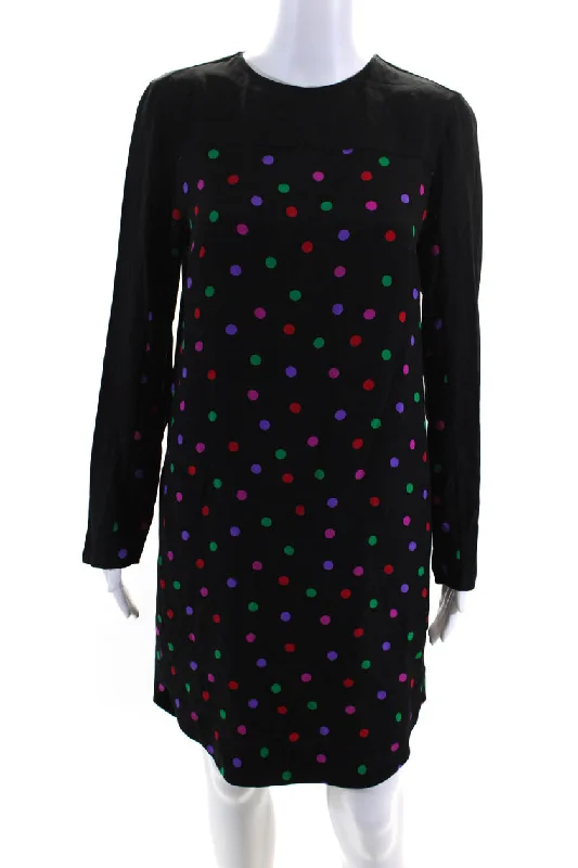 ladies-shirt-dress-flared-hem-Akris Punto Womens Silk Polka Dot Shirt Dress Black Multi Colored