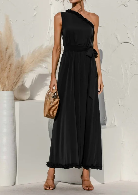 Women's maxi dress kin sweep -Date Night One Shoulder Maxi Dress In Black