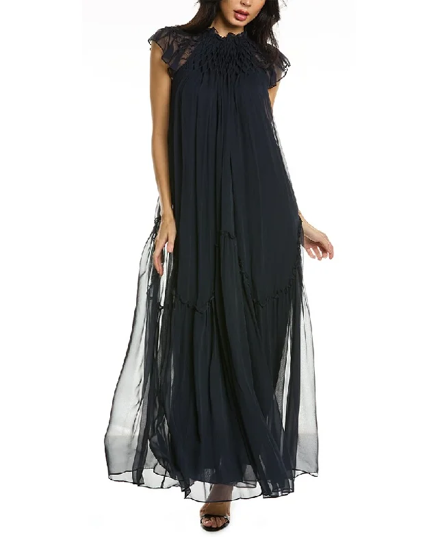 Women's maxi dress sleek sweep -Rebecca Taylor Smocked Chiffon Silk Maxi Dress