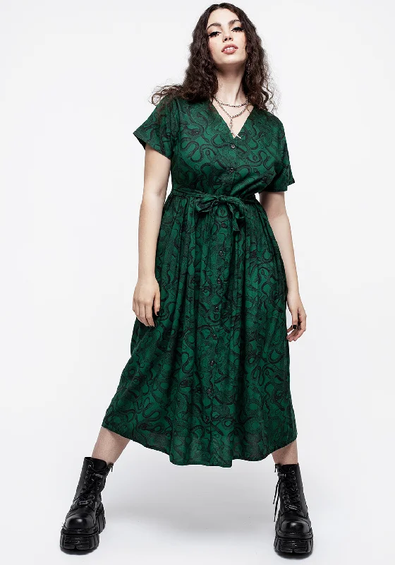 ladies-midi-dress-prom-prance-Ophidia Snake Print Button Up Midi Dress - Green