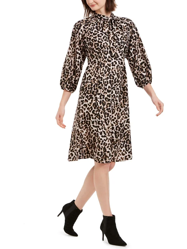 ladies-midi-dress-elastic-elegance-Womens Bishop Sleeve Animal Print Midi Dress