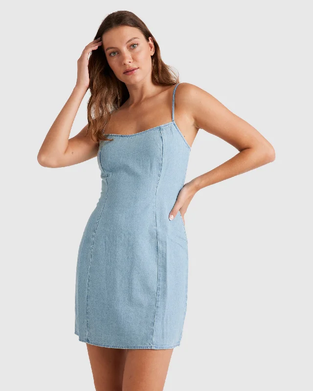 ladies-mini-dress-teal-tingle-Womens Stay Awhile Chambray Mini Dress