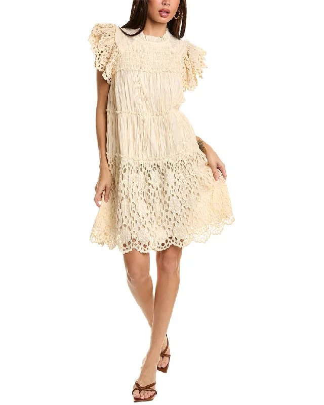 ladies-mini-dress-scoop-spark-SEA NY Elise Pleat Eyelet Flutter Sleeve Tunic Mini Dress