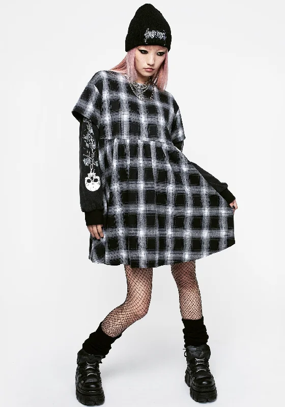 ladies-mini-dress-swingy-sway-Hypnos Layered Sleeve Check Mini Smock Dress