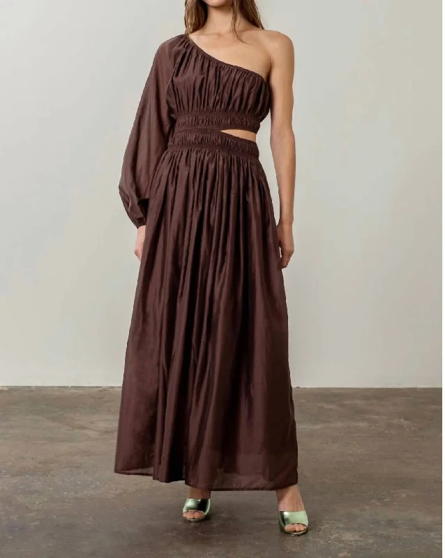 ladies-midi-dress-tulle-treasure-Cut Out Shirred Midi Dress In Chocolate