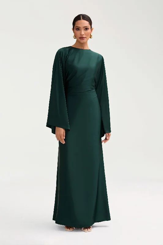 Women's maxi dress floor graze -Batool Satin Maxi Dress - Emerald