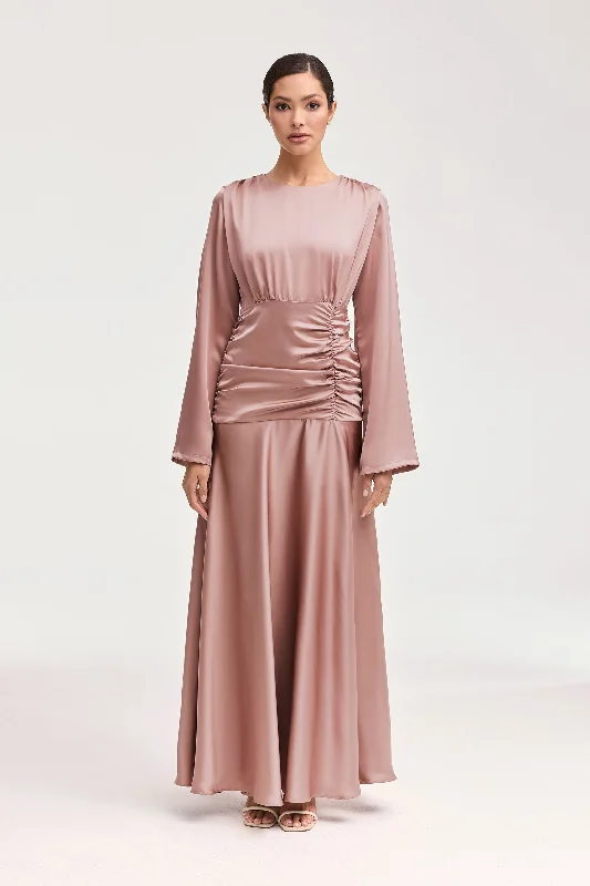 Women's maxi dress tuck flow -Shams Satin Side Rouched Maxi Dress - Dusty Rose