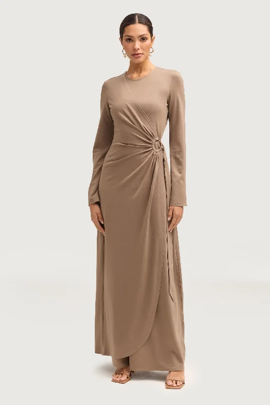 Women's maxi dress frill drift -Reema Wrap Maxi Dress - Taupe