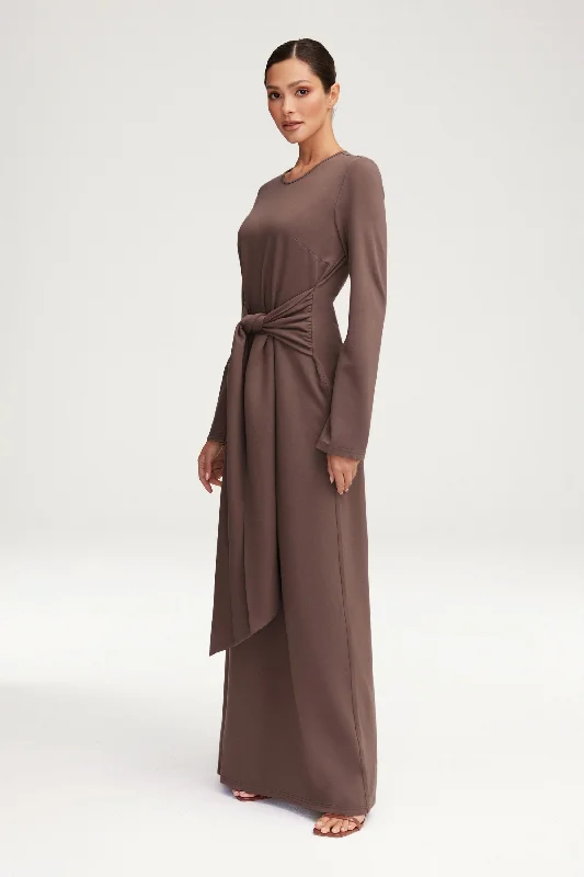 Women's maxi dress flare ripple -Jersey Tie Front Maxi Dress - Dark Taupe