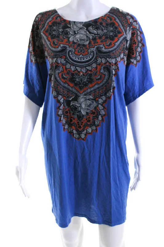 ladies-shirt-dress-animal-print-Stella McCartney Womens Floral Print Shirt Dress Blue Cotton