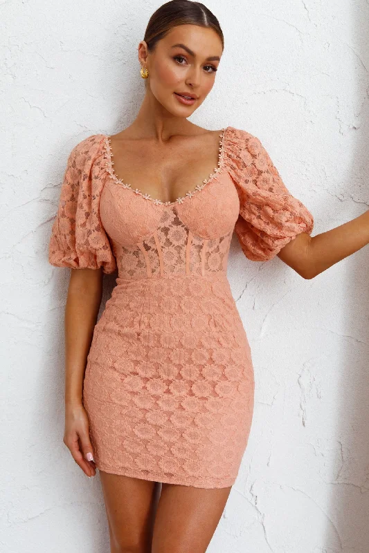 Women's bodycon dress sophisticated -Secret Crush Puff Sleeve Floral Lace Bodycon Dress Peach