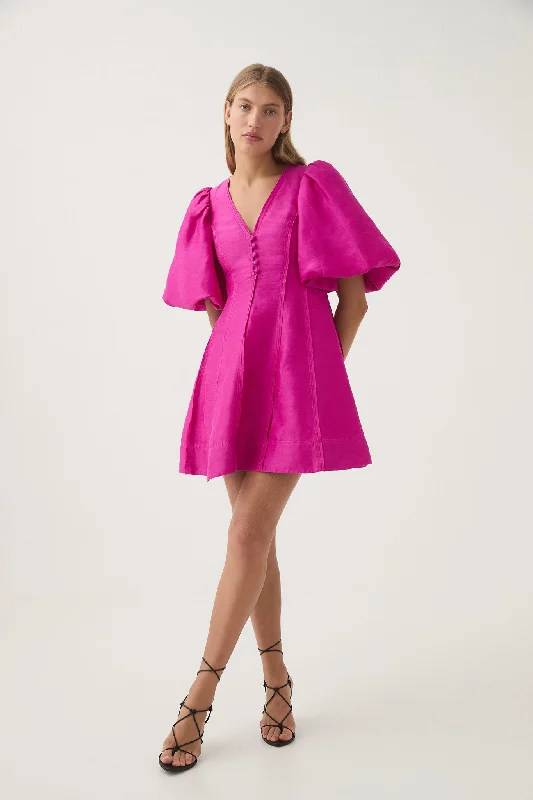 ladies-mini-dress-ruched-rush-Dusk Puff Sleeve Mini Dress