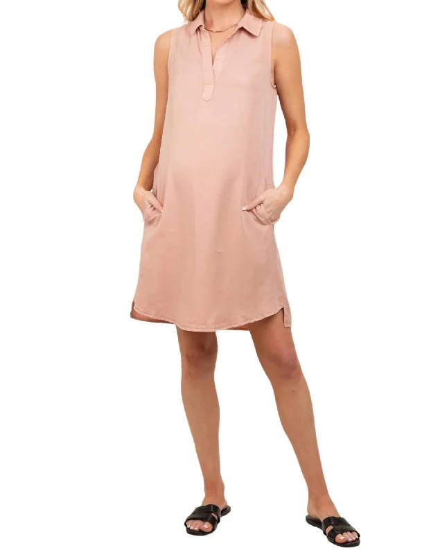 ladies-shirt-dress-berry-tone-Tencel Sleeveless Shirt Dress In Dusty Peach