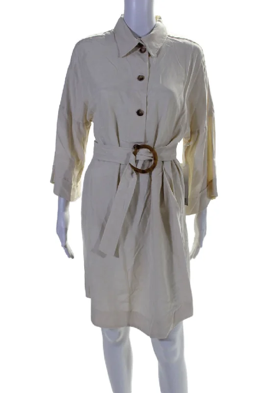 ladies-shirt-dress-casual-elegance-I By Iris Setlakwe Womens 3/4 Sleeve Collared Belted Shirt Dress White